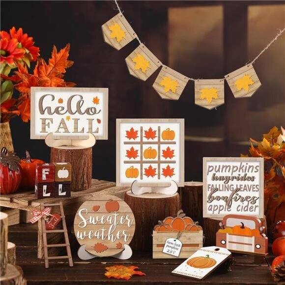 New 14‎ Pcs Fall Tiered Tray Decor Set - Rustic Farmhouse Pumpkin & Spice Blocks - Picture 4 of 7